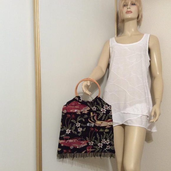 Handmade EUC Vintage Bag Bamboo Handles & 1950's sequined Auto Designs - Picture 2 of 7